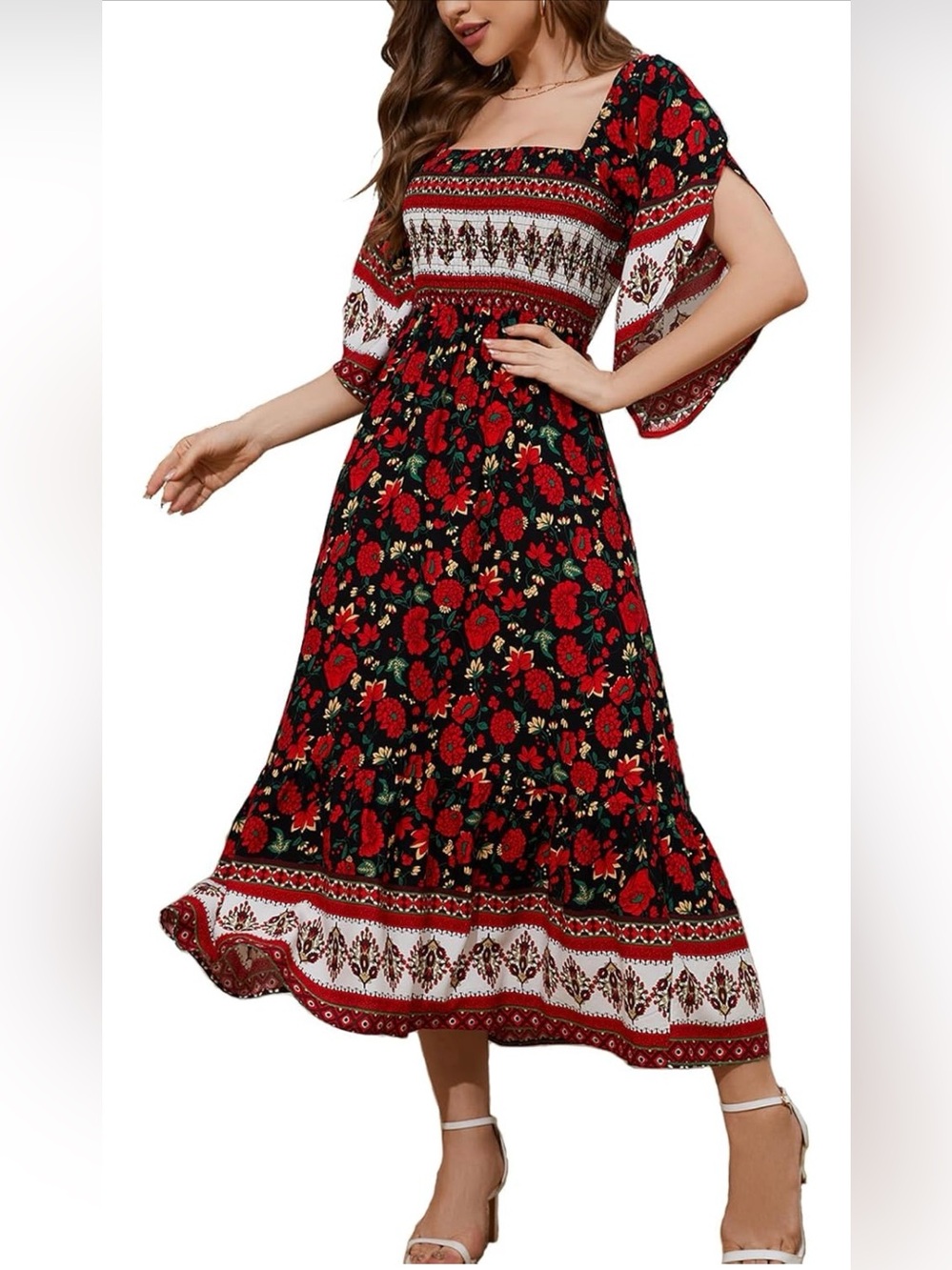 Floral Boho Midi Dress in Black and Red